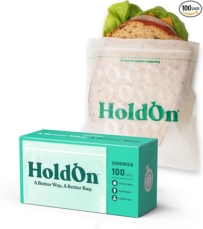 HoldOn Zipseal Sandwich Bags – Compostable, PFOA-Free, BPA-Free, Food-Safe Zip Seal Food Storage Bags With Secure Seal for Home & Travel, Freezer-safe (100 bags total)