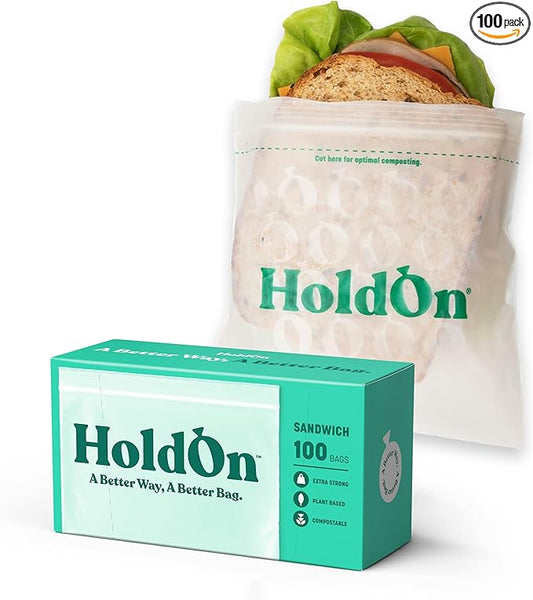 HoldOn Zipseal Sandwich Bags – Compostable, PFOA-Free, BPA-Free, Food-Safe Zip Seal Food Storage Bags With Secure Seal for Home & Travel, Freezer-safe (100 bags total)