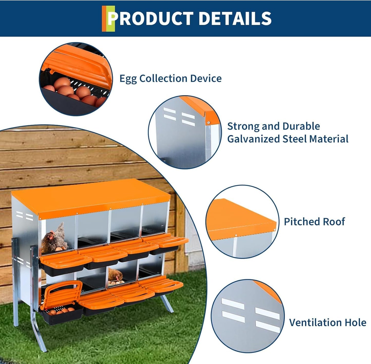 8 Hole Chicken Nesting Box, Nesting Boxes for Chickens Roll-Away Egg Collection System with Ventilation Holes Rustproof Plastic Tray & Keyhole Mounting, Chicken Laying Box for Hen & Duck with Leg
