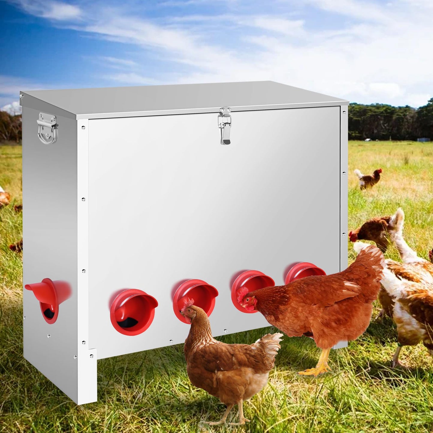 YXJSTO Metal Chicken Feeder 85 lbs Capacity, Galvanized Chicken Feeder with 10 Ports, Waterproof Automatic Poultry Feeder Suitable for Geese, Ducks, Turkeys, Quails