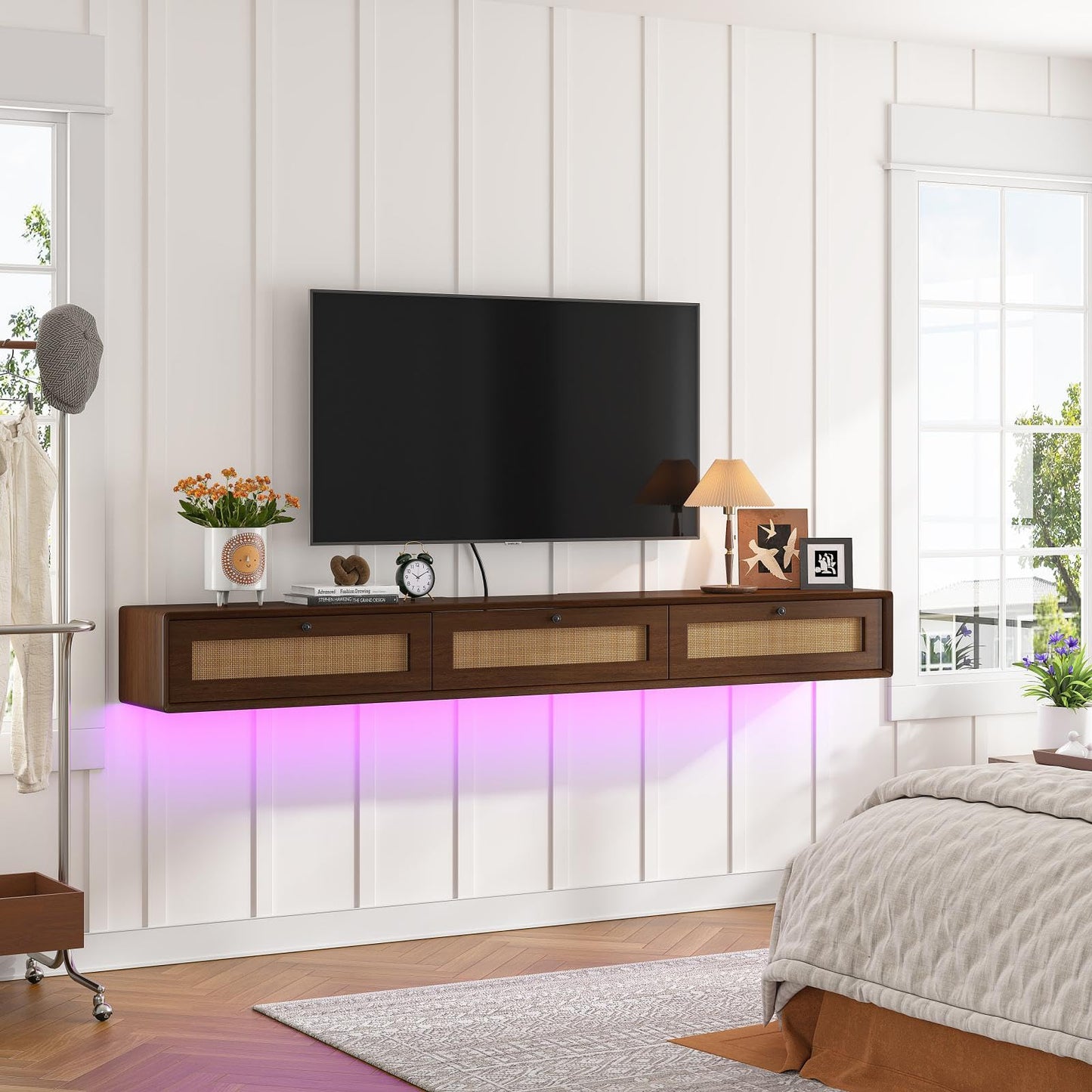 FloatiCasa Fully-Assembled Floating TV Stand with 3 Rattan Doors, Rustic Floating Entertainment Center Under TV Shelf, Modern Large Storage Wall Mounted Media Console for Living Room Bedroom 78IN