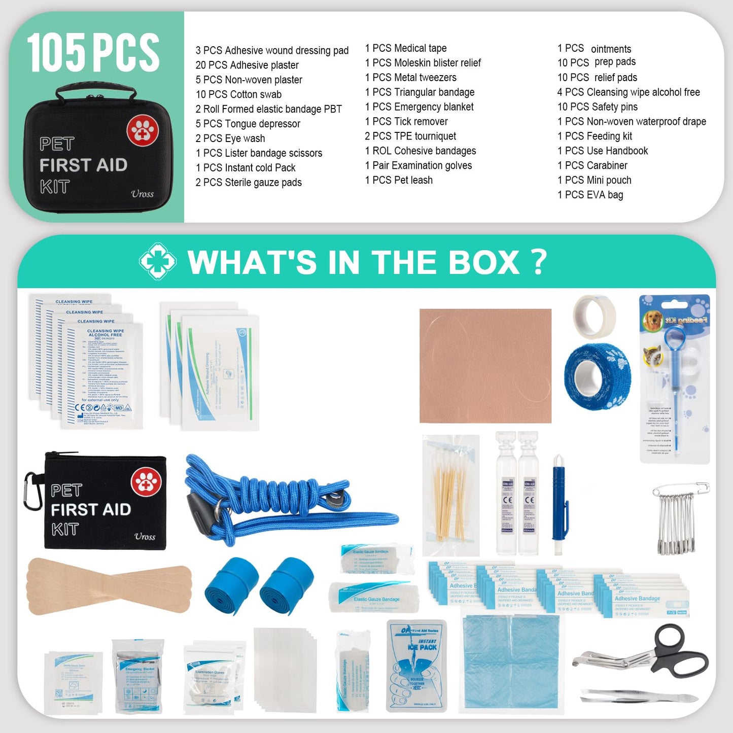 Uross Dog First Aid Kit- 105PCS Pet Emergency Kit, Cat First Aid Kit Travel Supplies for Hiking,Dog Medical kit Emergency Survival Kit