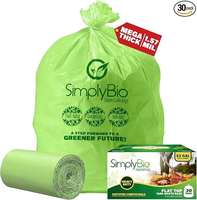 Simply Bio 30-33 Gallon Compostable Trash Bags Liners Flat-Top, Heavy Duty Extra Thick 1.57 Mil, 124.92 Liter, 30 Bags, Lawn, Yard, and Restaurant Use, ASTM D6400, US BPI, OK Compost Home Certified