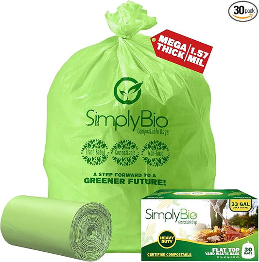 Simply Bio 30-33 Gallon Compostable Trash Bags Liners Flat-Top, Heavy Duty Extra Thick 1.57 Mil, 124.92 Liter, 30 Bags, Lawn, Yard, and Restaurant Use, ASTM D6400, US BPI, OK Compost Home Certified