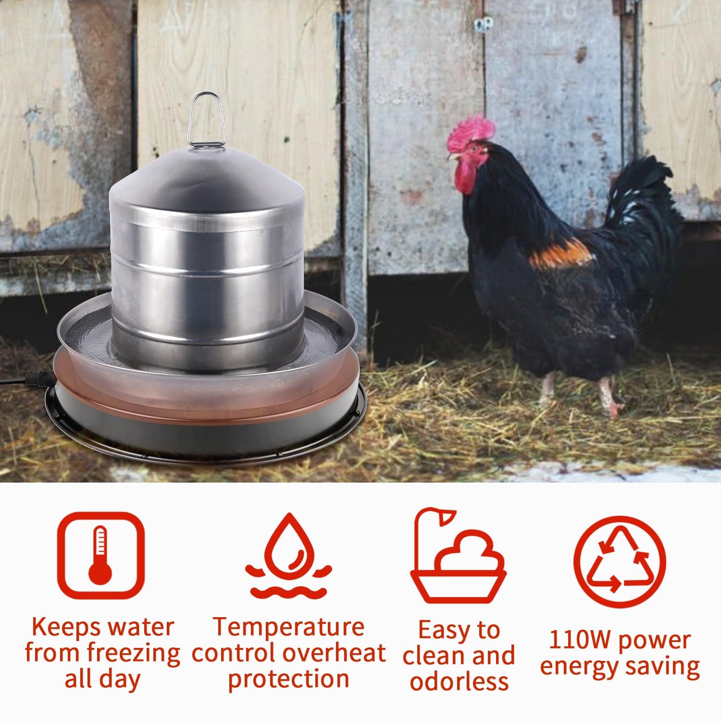 GUEOQTC 2PACK Chicken Water Heater for Winter，110Watt Heated Poultry Waterer Base,with Thermostat and 9.8ft Power Cord, Dia.11in