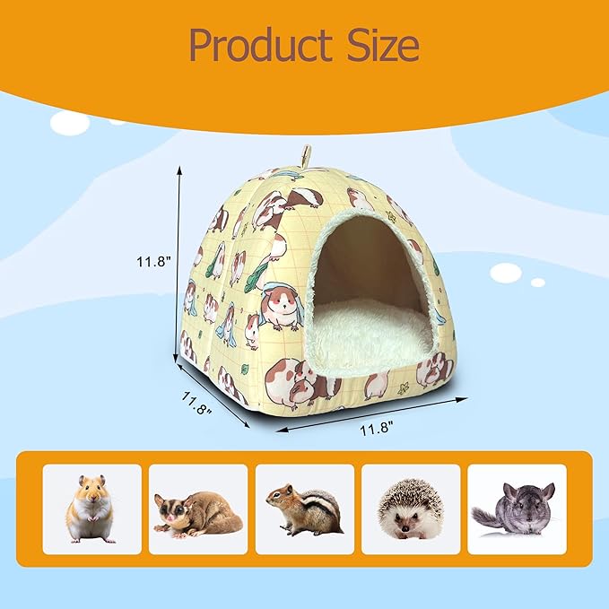 LUCKITTY Guinea Pig Hideout Bed 11.8-Inch Cube - Cozy Small Animal House for Guinea Pigs, Chew-Proof Hideaway with Ventilation (Yellow, Adorable Guinea Pig Print)