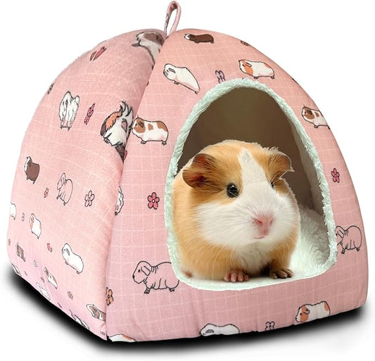 LUCKITTY Guinea Pig Hideout Bed 11.8-Inch Cube - Cozy Small Animal House for Guinea Pigs, Chew-Proof Hideaway with Ventilation (Pink, Adorable Guinea Pig Print)