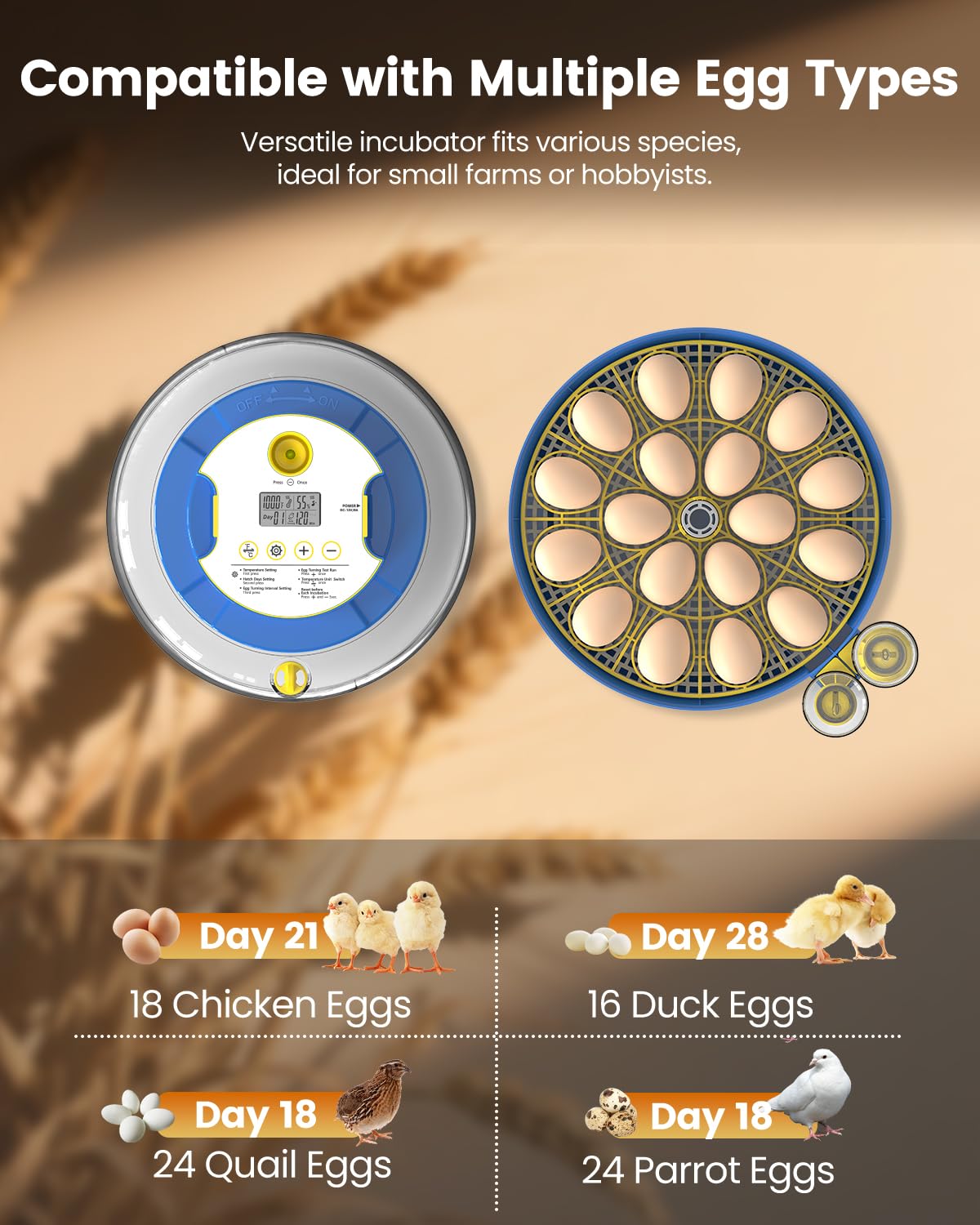 Incubators for Hatching Eggs, 18 Eggs Incubators with Egg Candler Automatic Egg Turner, Temperature & Humidity Control, Full Viewing for Chicken, Duck, Quail, Goose, Parrot and Pigeon