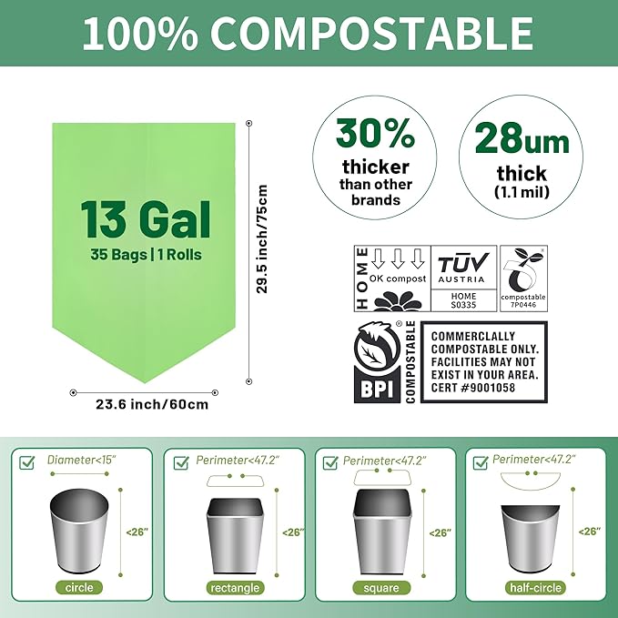 13 Gallon Trash Bags Compostable Compost Large Garbage Bag Extra Thick 1.1 Mil for Kitchen Bathroom BPI Certified 35 Counts, Green