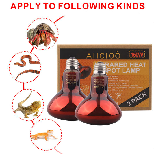 Aiicioo Reptile Red Night Light Bulb - 150W Reptile Heat Lamp Bulb Infrared Basking Spot Lamp for Bearded Dragon Lizard Turtle Hermit Crab Leopard Gecko Snake Chameleon Tank