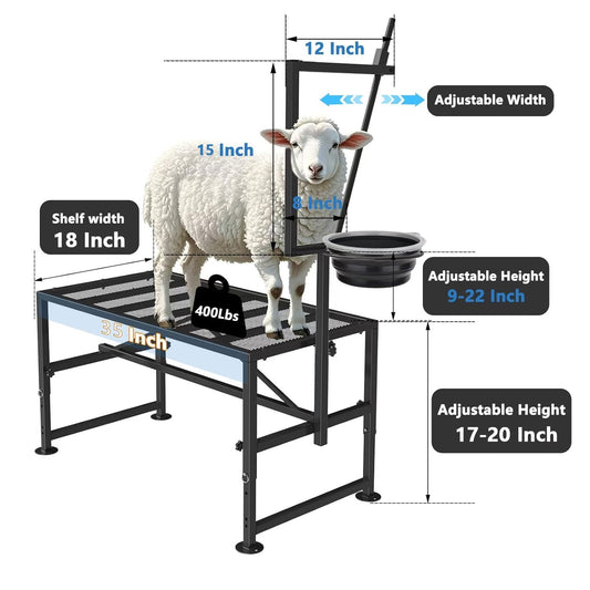 Larrik Goat Milking Stand with Feed Bin, Stand for Goat Milk and Shepp Trimming Hooves, with Adjustable Head Piece and Legs, Metal Black Use for Small Goat and Sheep, 400 Lbs