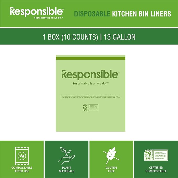 Kitchen Bin Liners, Certified Compostable, Heavy Duty Multipurpose Food Scrap Bags, Made from Compostable Materials (13 Gallon Drawstring, 13 Gallon (10 Count))