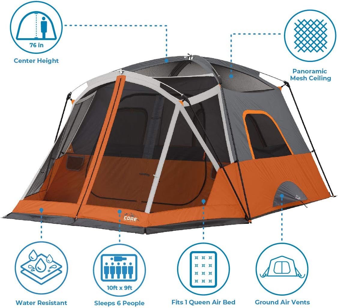 CORE 6 Person Cabin Tent with Screen Room | Portable Family Tent with Carry Bag for Outdoor Car Camping | Included Gear Loft for Camping Accessories