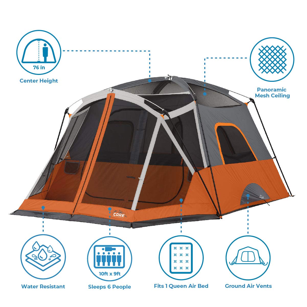 CORE 6 Person Cabin Tent with Screen Room | Portable Family Tent with Carry Bag for Outdoor Car Camping | Included Gear Loft for Camping Accessories