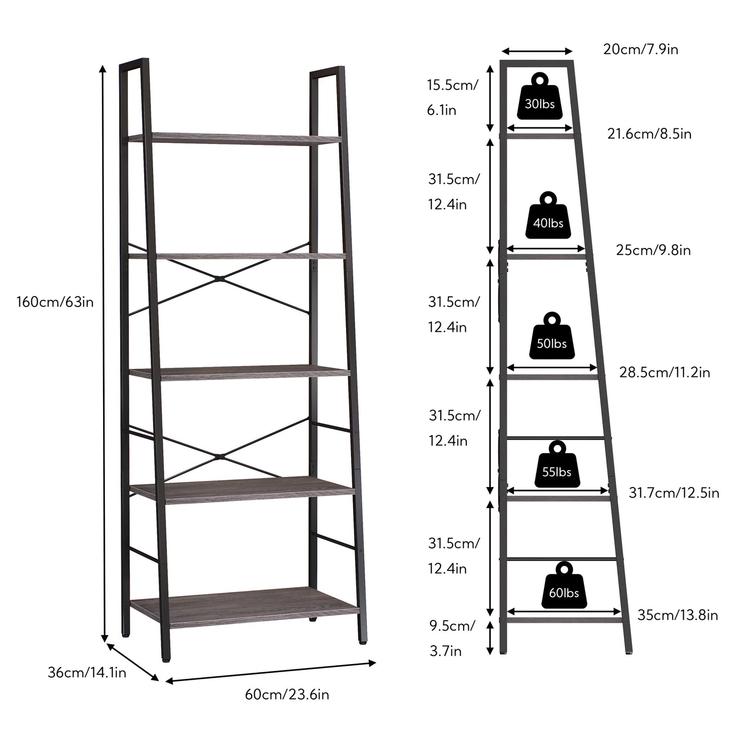 Yusong Ladder Bookshelf, Bookshelf Ladder Shelf, 5-Tier Bookshelf for Bedroom, Industrial Book Shelves Storage Rack with Metal Frame for Home Office, Rustic Brown, Gray