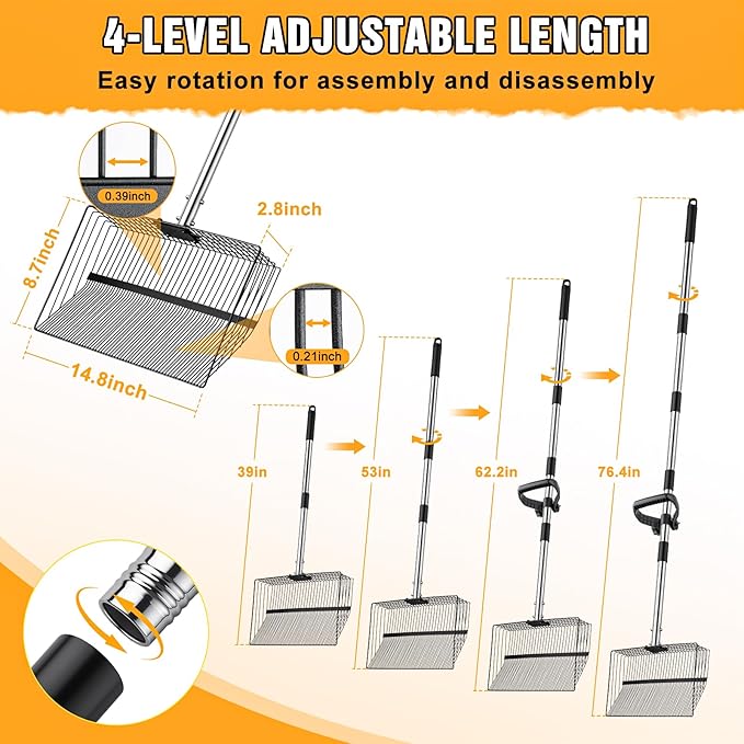 Chicken Poop Scooper, Large Metal Chicken Coop Scoop, Chicken Litter Sifting Shovel, Chicken Coop Rake with Retractable Stainless Steel Handle, Chicken Coop Cleaning Tools Accessories15Inch