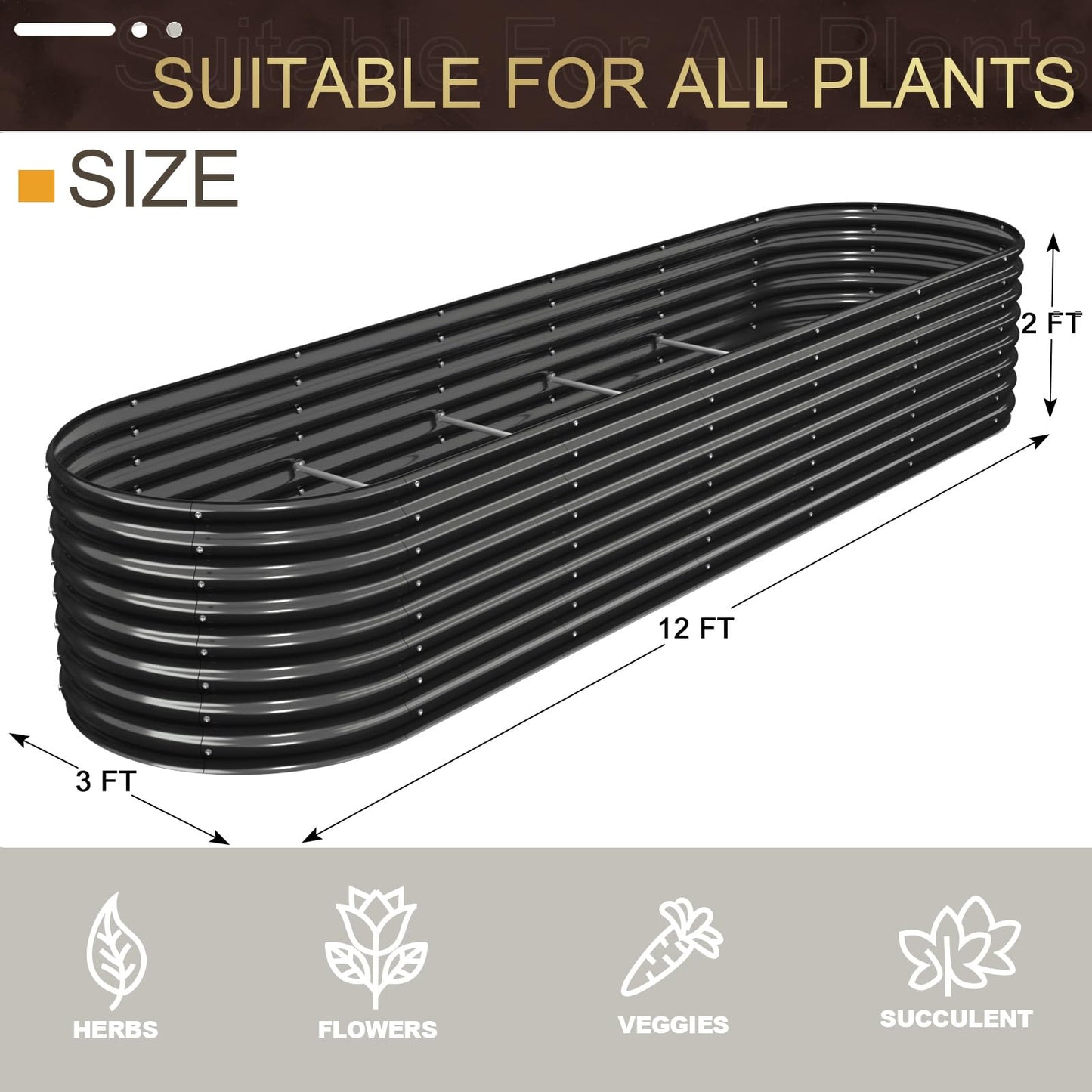 FRIZIONE 12FT(L)×3FT(W)×2FT(H) Galvanized Raised Garden Bed Outdoor, Metal Raised Garden Beds for Flower, Raised Planter Box Outdoor for Herb, Vegetable-Gray