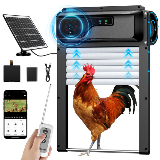 Automatic Chicken Coop Door WiFi with Talkback Function, HD Camera, Solar Powered, APP-Based Monitoring, Remote Control and Timer, with Anti-Trap Sensor and Alarm Drive, Solar Chicken Door
