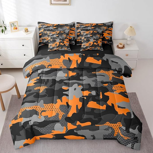 jejeloiu Kids Orange Camouflage Comforter Set with Sheets Full Size Vintage Camo 7 Pieces Bedding Set for Boys Bedroom Decor Military Style Abstract Geometric Disruptive Pattern Bed in a Bag Soft
