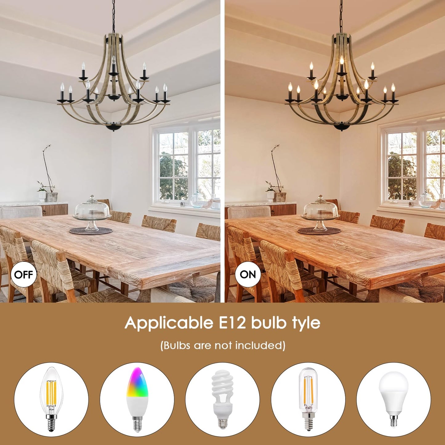 LAMPKEDUO Farmhouse Chandeliers for Dining Room Light Fixture, 2 Tier 12-Light 41" Adjustable Height Retro Faux Wood Texture Rustic Light Fixtures for Living Room Bedroom Kitchen Island Foyer Entryway