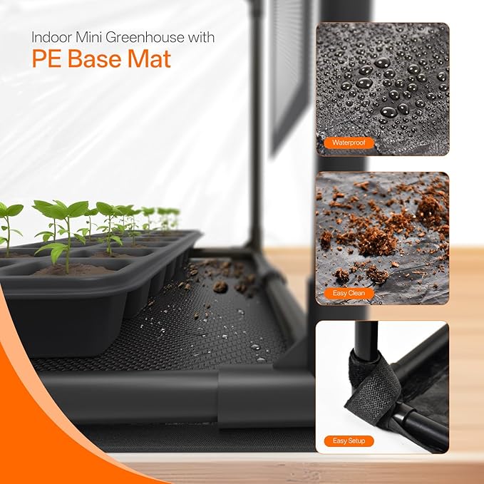 Bstrip Indoor Greenhouse with Grow Light, Mini PVC Tent with PE Base Mat, Ventilation Windows & Zippered Door, 18W Tabletop Greenhouse Light for Seed Starting with Timer, 23.8" x 15.7" x 20.5"