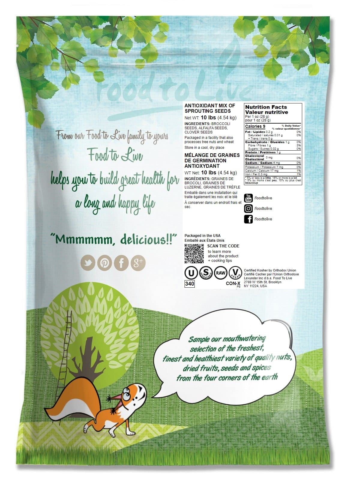 Food to Live - Antioxidant Mix of Sprouting Seeds, 10 Pounds — Broccoli, Clover, Alfalfa, Kosher, Raw, Vegan