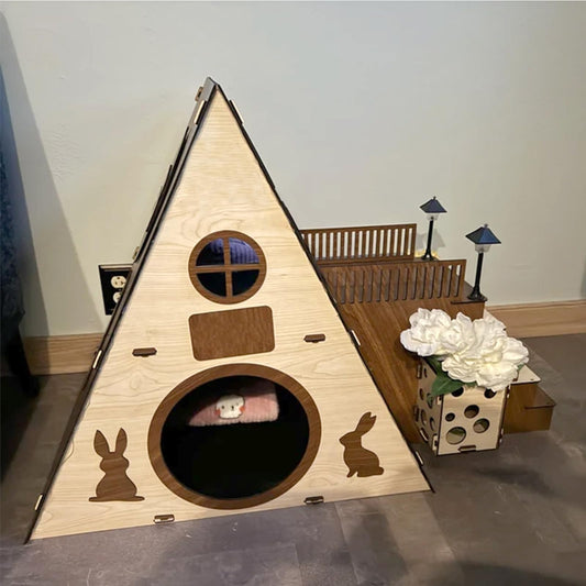 Tnstbiee Large Modern Wooden Rabbit Castle House Hutch - Bunny Hideout Indoor Habitats - Pet 2-Story Home Furniture（Excluding Street Lights）