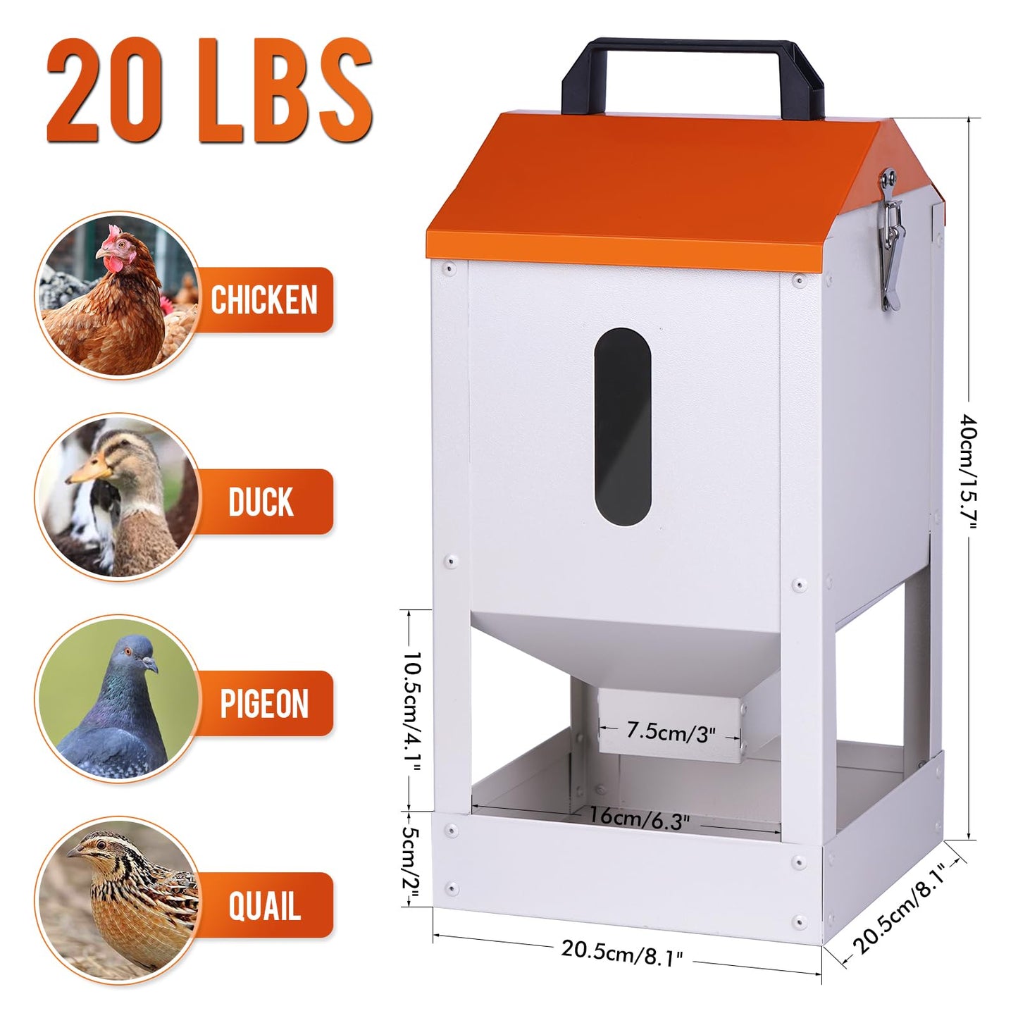 Galvanized Automatic Chicken Feeder No Waste 20lbs Large Metal Chicken Feeders Trough Dispenser Outdoor Poultry Feeders with Visual Window and Weatherproof Lid for Chickens Ducks Geese Turkeys Quails