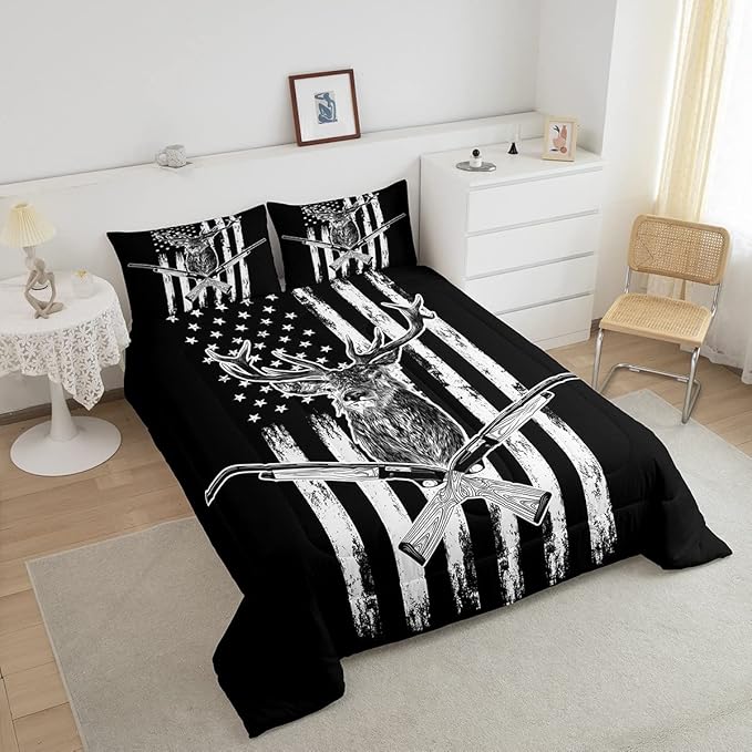 Erosebridal Deer Comforter Set American Flag Bedding Set Full Size Hunting Theme Duvet Set Western Rustic Farmhouse Decor Quilts Wild Animal Elk Print Down Comforter USA Flag Comforter 3 Pcs