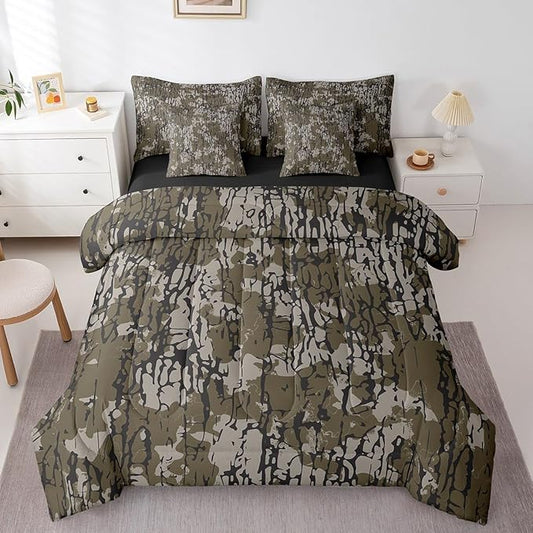 jejeloiu Green Camouflage Comforter Set with Sheets King Size Kids Camo Bed in a Bag for Boys Girls Teens Military Style Disruptive Pattern Tree Branches Botanical 7 Pieces Bedding Set Soft Room Decor