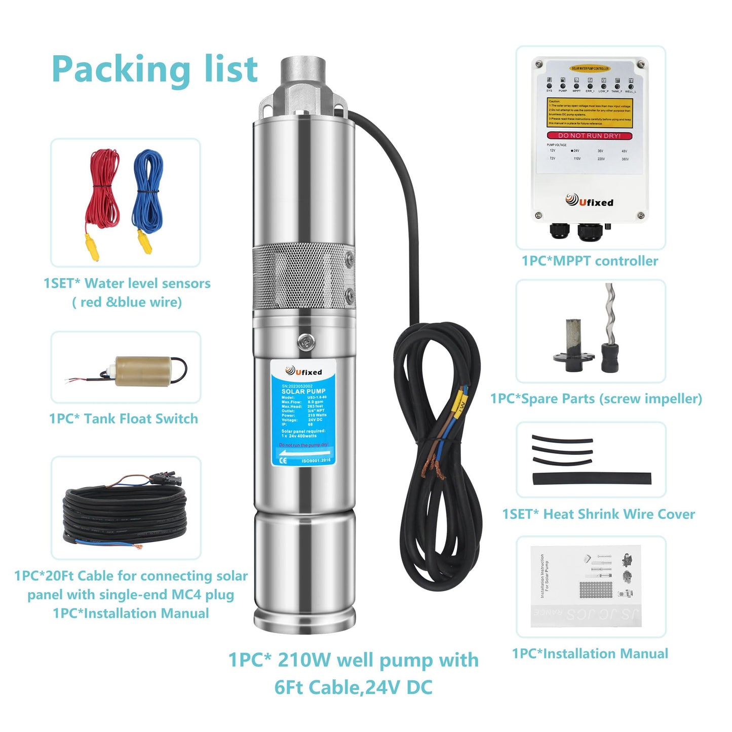 Solar Well Pump With MPPT Controller 7.9GPM 260Ft Head 3/4" Outlet 3" OD 210W Food-Safe Stainless Steel 24V DC Deep Well Pump