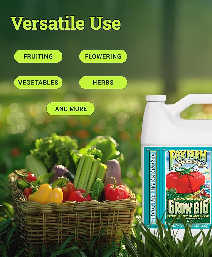 FoxFarm Grow Big Hydro Liquid Fertilizer, Plant Food with Micro Nutrients for Hydroponic Systems - Enhances Vegetative Growth, Flowering, and Fruiting - pH Adjustable, NPK 3-2-6 (Gallon)