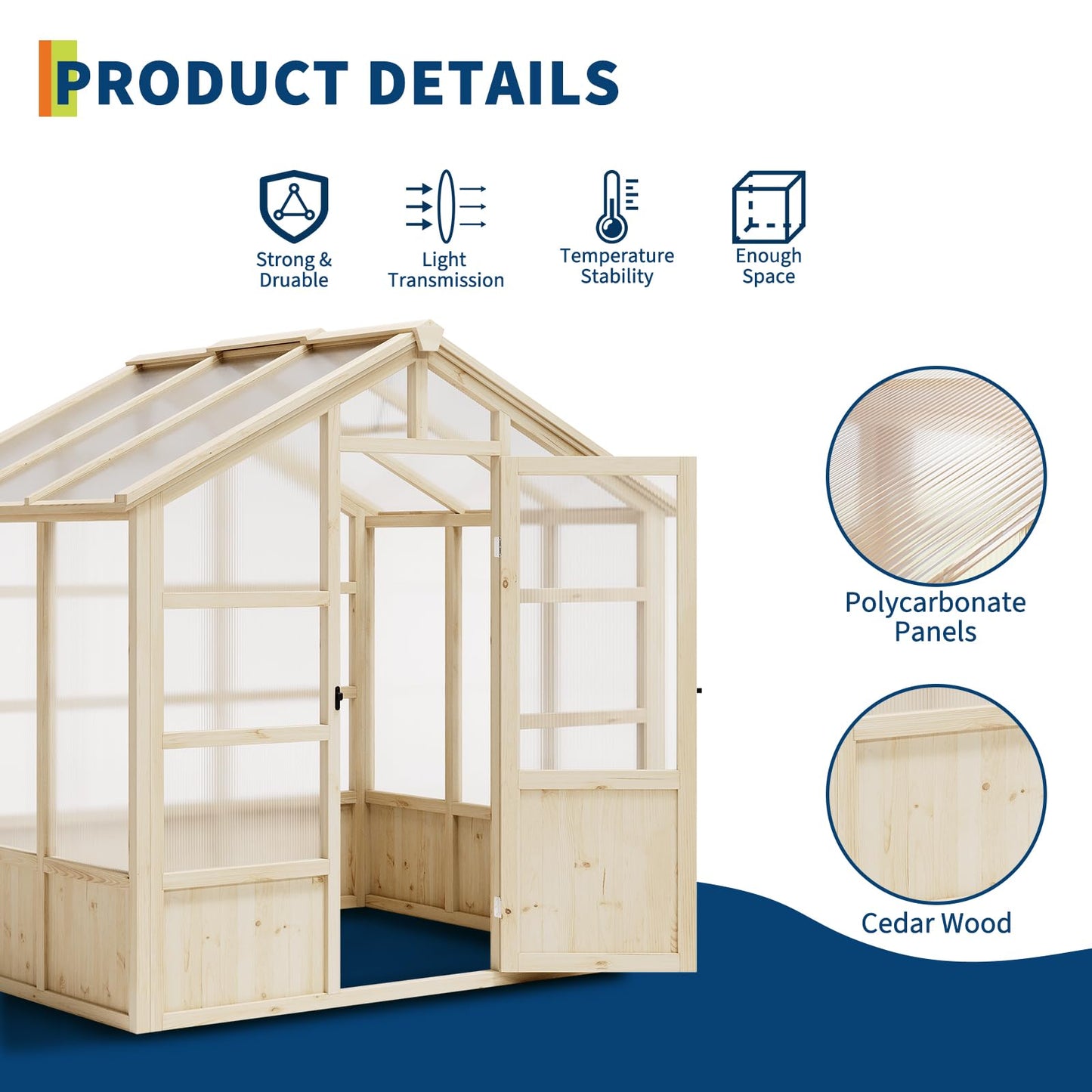 Wooden Greenhouse, 6x8FT Greenhouses with Lockable Door, Wood Frame & Adjustable Vent, Greenhouse with for Outdoor, Garden, Yard, Light Brown