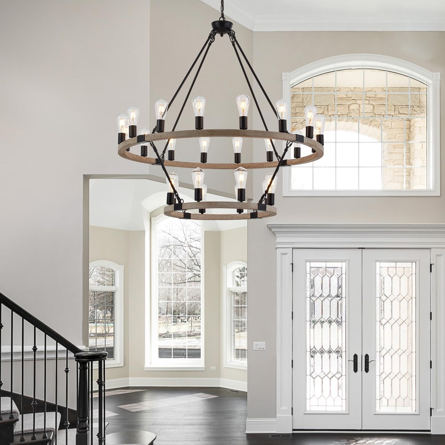 brfaixla 2-Tiers Wagon Wheel Chandelier Wooden Farmhouse 24-Light(16+8) 43.34'' Cream Colored, Black Metal Pendant Chandeliers 2 Story Rustic Light Fixtures Industrial for High Ceiling Living Foyer