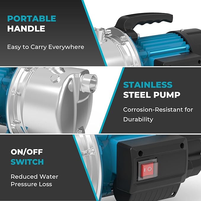 1.6HP Shallow Well Pump Portable, Garden Pump 1320GPH, Stainless Steel Water Transfer Pump 110V Max. Head 164ft, Sprinkler Booster Pump for Draining Irrigation Home Garden Lawn Draining