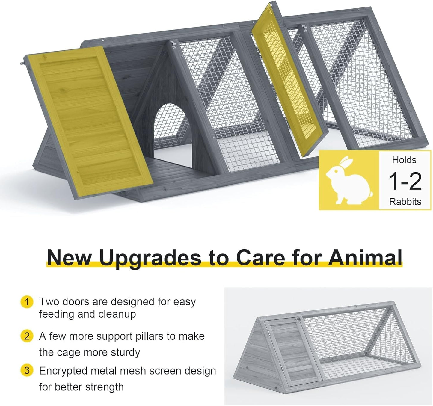 Kecreque Rabbit Hutch Outdoor Chicken Coop Wooden A-Frame Small Animal Cage Quail Cage w/Chicken Run & Ventilated Wire Fence Suitable for Garden Backyard Farms 47 x 18 x 19.5 in (Grey)