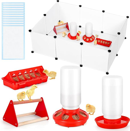 Chick Brooder Box Starter Kit, Plastic Baby Chicken Feeder and Waterer Set with Chick Perch