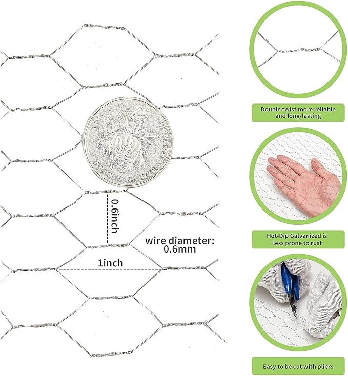 Chicken Wire Fencing 16.9 Inch x 32.8 Ft, Poultry Wire Netting 0.6 Inch Hexagonal Galvanized Floral Fence Mesh for Pet Rabbit Coop