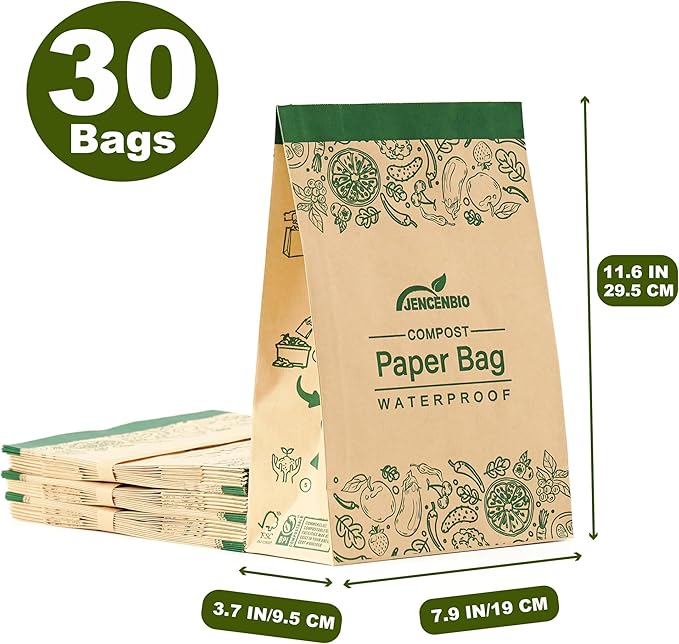 Compostable Paper Bag Leakproof Kitchen Food Waste Bag 30 Bags Waterproof Bin Liner with BPI Certified