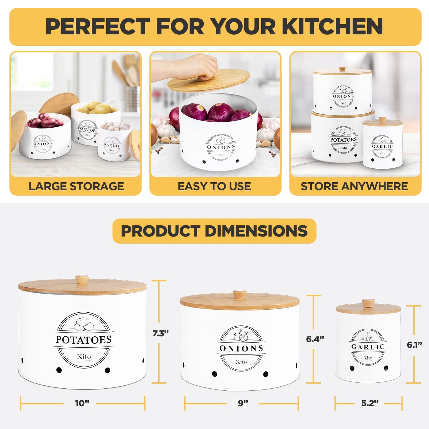 Kito LIVING Canister Sets for Kitchen Counter with Wooden Bamboo Lids, Kitchen Canisters for Countertop, Stackable Steel Farmhouse Canisters for Potato Storage, Onion and Potato Storage Bins - White