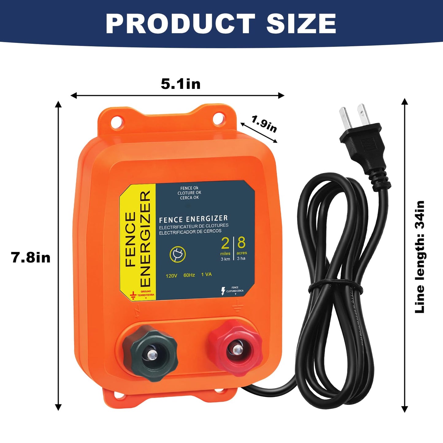 Electric Fence Energizer, 2-Mile/ 8 Acres Plug in Electric Fence Charger, Livestock Fence Charger for Dogs, Raccoons, Livestock, Squirrels, Chicken Coops, Skunks intruding, 0.1 Joule
