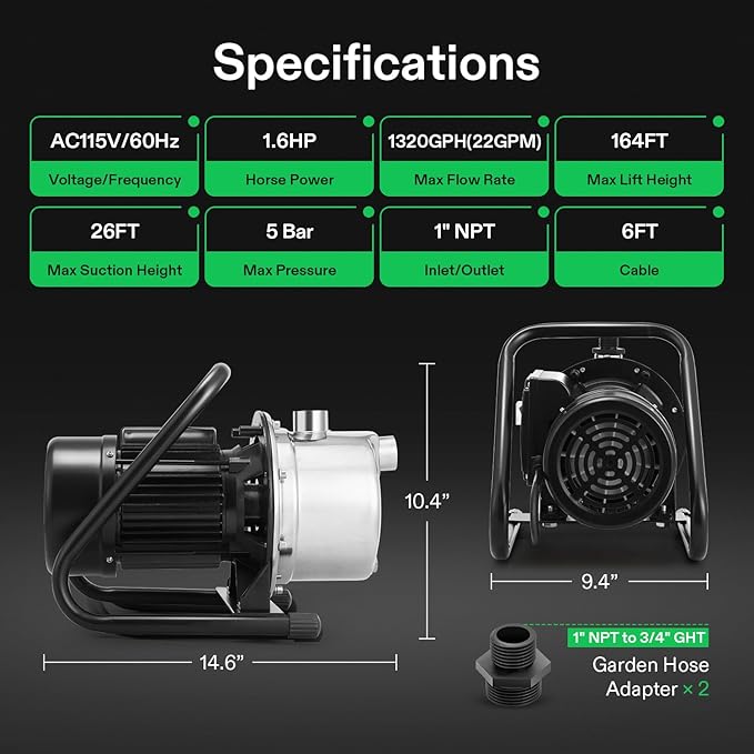 VIVOSUN 1.6HP Shallow Well Pump, 1320GPH Portable Garden Pump with Two Adapters, Stainless Steel Sprinkler Pump for Lawn Sprinkling, Garden Watering, Farm Irrigation and Clear Water Transfer