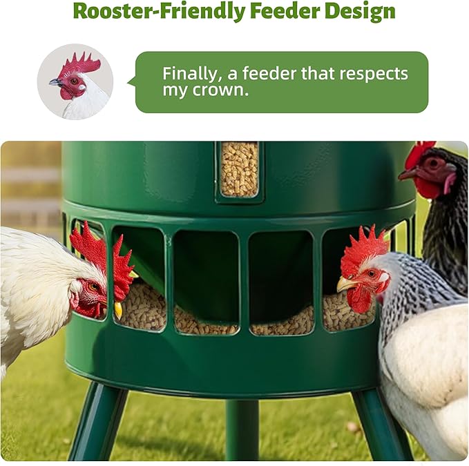 KOL Metal Chicken Feeder No Waste - 50lbs Poultry Feeder with 16 Ports, Powder Coated Rust-Proof Design & Smooth Edges for Safe Feeding (Green)