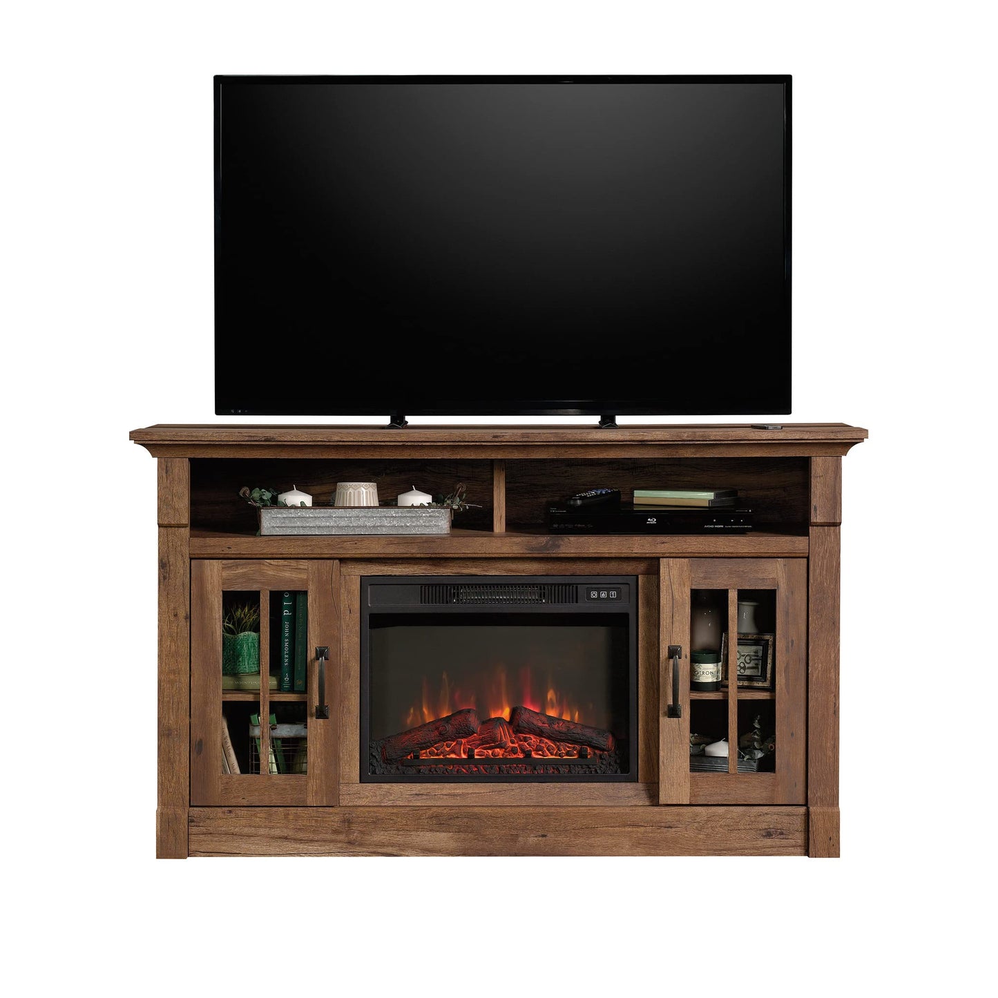 Sauder Miscellaneous Fireplace Credenza, L: 60.0" x W: 16.73" x H: 35.04", Vintage Oak Finish