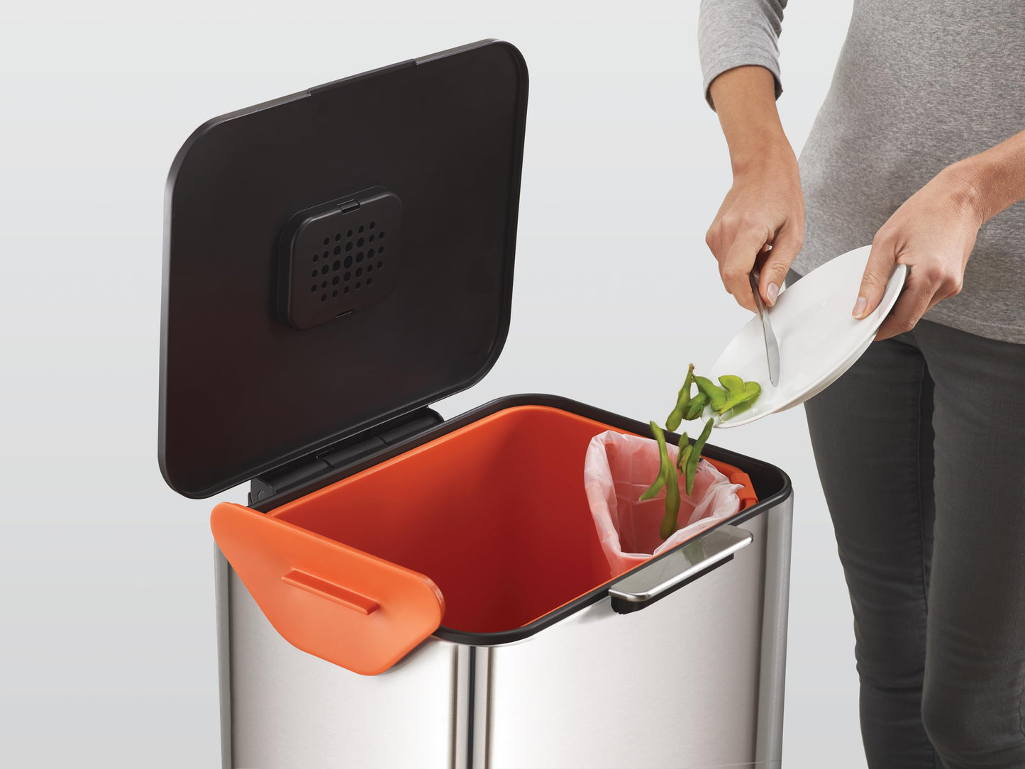 Joseph Joseph Totem Max 60 Liter/15.85 Gallon Waste Separation and Recycling Kitchen Trash Can with Odor Filter and Removable Food Waste Caddy, Stainless Steel