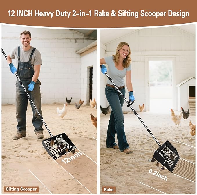 12inch Chicken Poop Scooper & Rake 2-in-1 Chicken Scooper for Poop with 36 to 77" Adjustable Stainless Steel Handle Gloves Heavy Duty Litter Sifting Shovel for Cleaning Coop Farm Pet Waste
