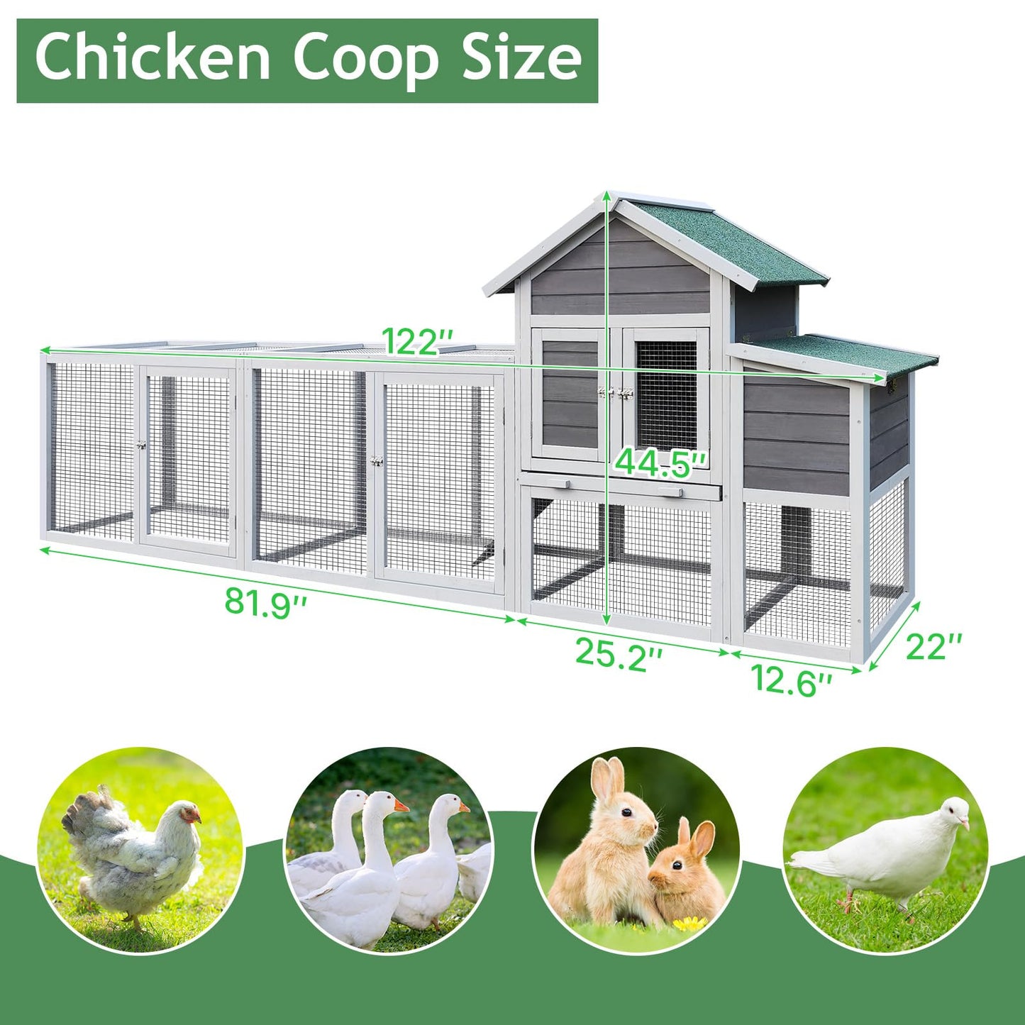 Yafylly 122" Wooden Chicken Coops for 3-4 Chickens, Outdoor Chicken Coop with Run, Nesting Box, Perch, Ramp, Sliding Tray, Waterproof Roof, Poultry Cage Duck Coop Rabbit Hutch for Backyard, Gray