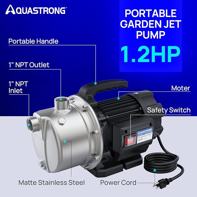 Aquastrong 1.2 HP Portable Shallow Well Pump, 1209 GPH, 115V, Stainless Steel, Sprinkler/Water Transfer Draining Irrigation Pump for Lawn