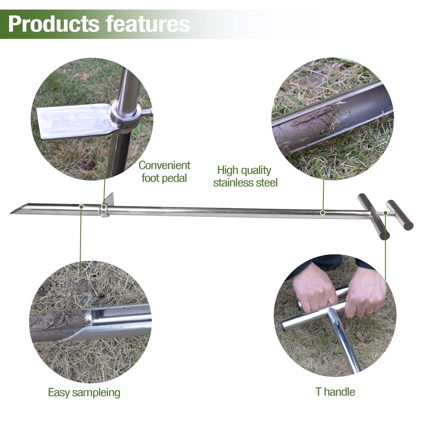 40 Inches Professional Stainless Steel Soil Sampler Probe with Ejector Foot Pedal Reusable Sample Bag, Soil Test Kits for Lawn Garden Farm Soil Sampling