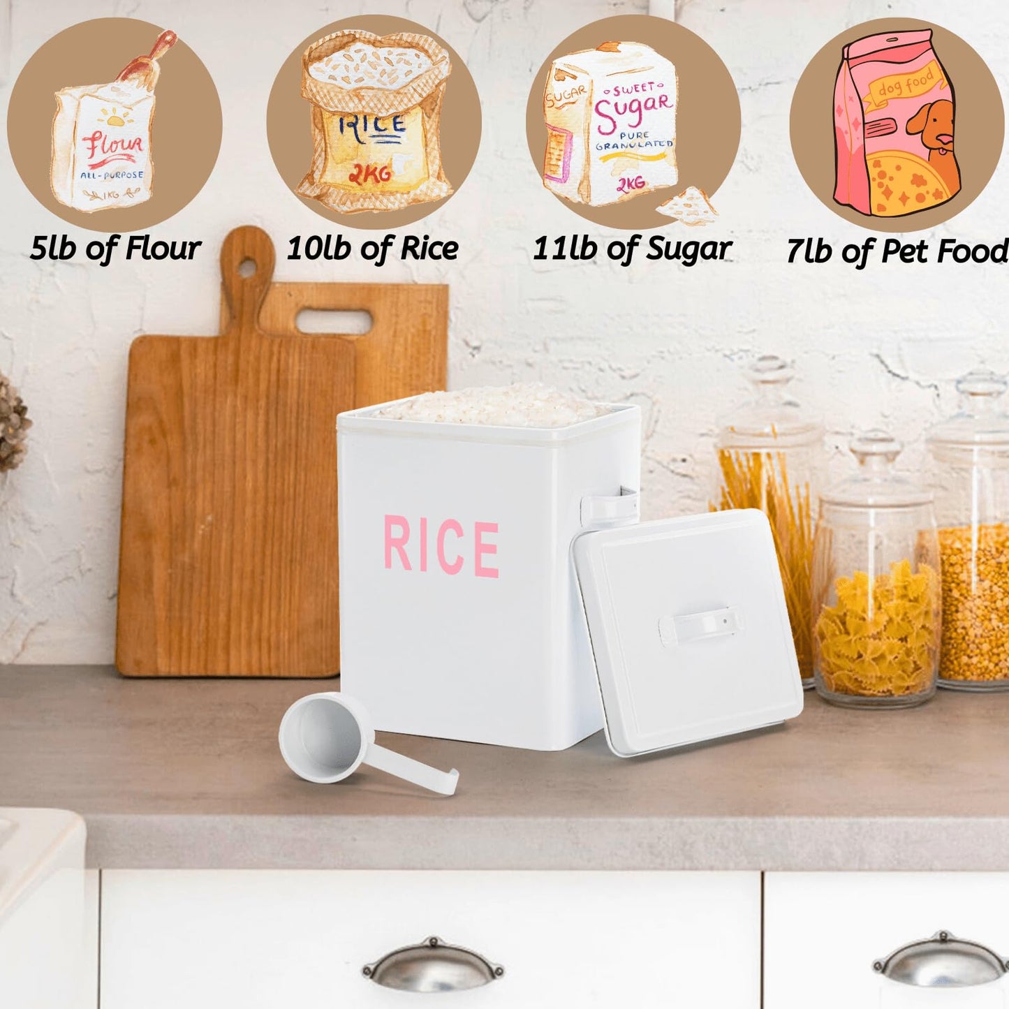 Youeon 10 Lbs Metal Rice Storage Container, Square Rice Canister with Lid and Measuring Scoop, Countertop Sealed Food Storage Container for Cereal, Beans, Pet Food, White